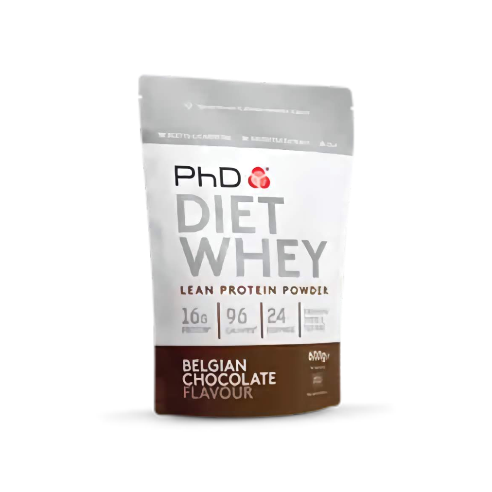 PhD Diet Whey protein powder package with Belgian Chocolate flavor on a white background